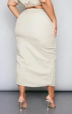 New PrettyLittleThing Plus Linen Look Ruched Side Split Midi Skirt Stone