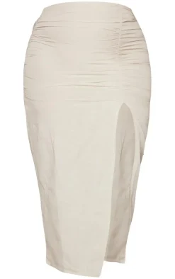 New PrettyLittleThing Plus Linen Look Ruched Side Split Midi Skirt Stone