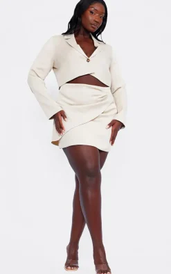 Sale PrettyLittleThing Plus Linen Look Ruched Detail Mini Skirt Stone