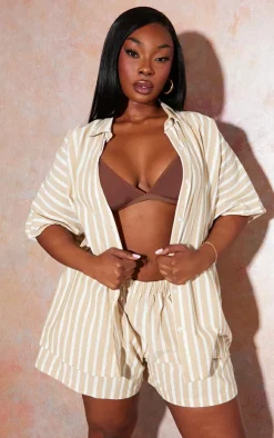 Outlet PrettyLittleThing Plus Linen Look Stripe Oversized Boxy Shirt Stone