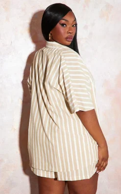Outlet PrettyLittleThing Plus Linen Look Stripe Oversized Boxy Shirt Stone