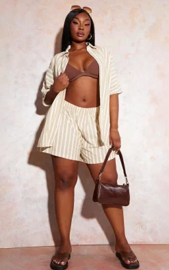 Outlet PrettyLittleThing Plus Linen Look Stripe Oversized Boxy Shirt Stone