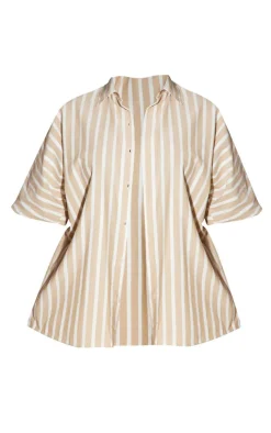Outlet PrettyLittleThing Plus Linen Look Stripe Oversized Boxy Shirt Stone