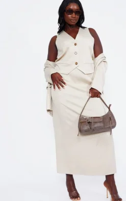 Clearance PrettyLittleThing Plus Linen Look Tailored Maxi Skirt Stone