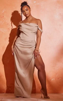 Discount PrettyLittleThing Plus Linen Look Tie Side Maxi Skirt Stone