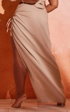 Discount PrettyLittleThing Plus Linen Look Tie Side Maxi Skirt Stone