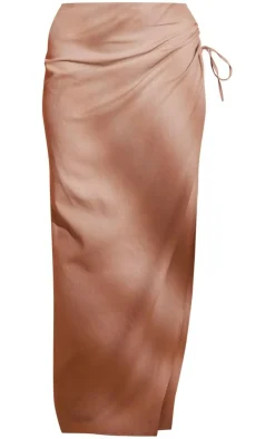 Discount PrettyLittleThing Plus Linen Look Tie Side Maxi Skirt Stone