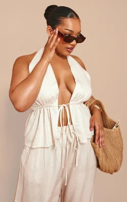 Clearance PrettyLittleThing Plus Marl Linen Look Tie Waist Longline Top Stone