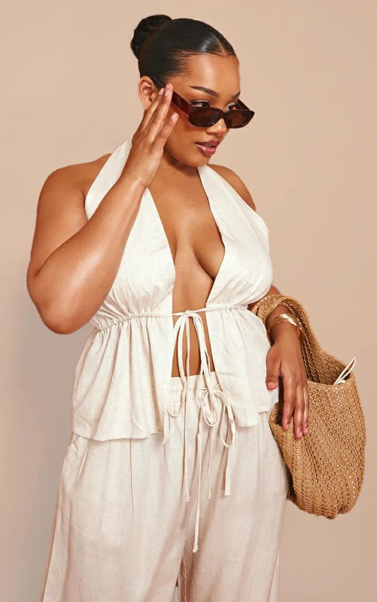 Clearance PrettyLittleThing Plus Marl Linen Look Tie Waist Longline Top Stone
