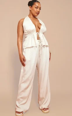 Clearance PrettyLittleThing Plus Marl Linen Look Tie Waist Longline Top Stone