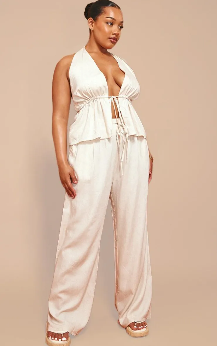 Clearance PrettyLittleThing Plus Marl Linen Look Tie Waist Longline Top Stone