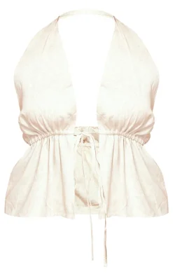 Clearance PrettyLittleThing Plus Marl Linen Look Tie Waist Longline Top Stone