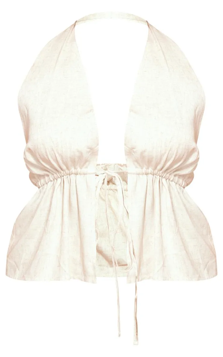 Clearance PrettyLittleThing Plus Marl Linen Look Tie Waist Longline Top Stone