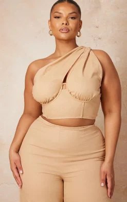 Discount PrettyLittleThing Plus One Shoulder Corset Top Stone