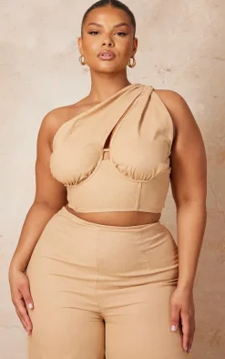 Discount PrettyLittleThing Plus One Shoulder Corset Top Stone