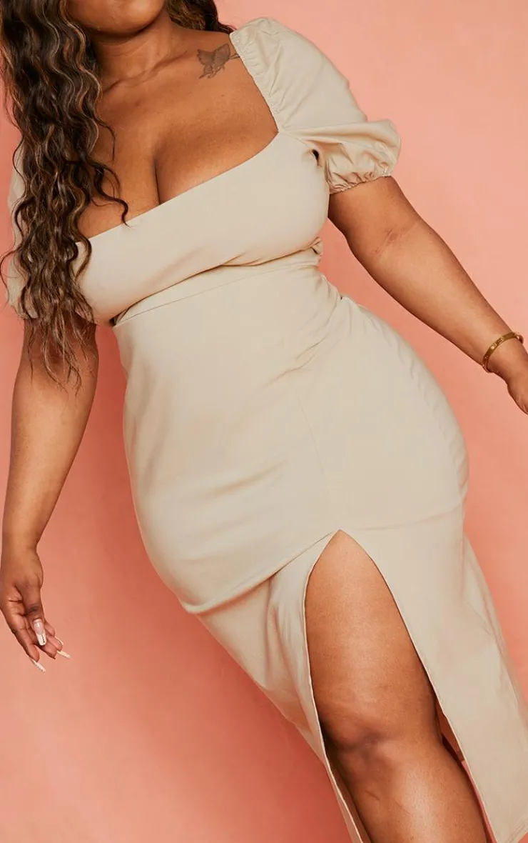 Plus Stretch Woven Puff Sleeve Midi Dress-PrettyLittleThing Online