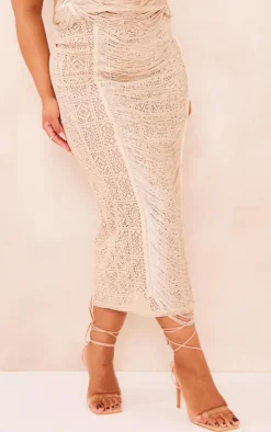 New PrettyLittleThing Plus Tassel Crochet Maxi Skirt Stone