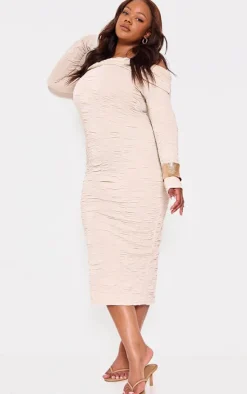 Plus Textured Fold Over Bardot Midi Dress-PrettyLittleThing Clearance