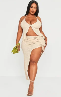 Hot PrettyLittleThing Plus Textured Knit Ruched Midi Skirt Stone