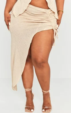 Hot PrettyLittleThing Plus Textured Knit Ruched Midi Skirt Stone