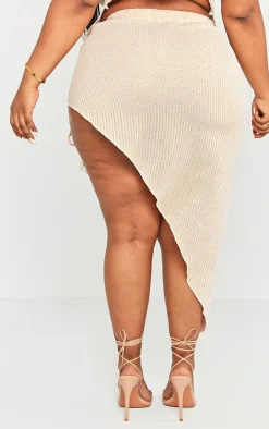 Hot PrettyLittleThing Plus Textured Knit Ruched Midi Skirt Stone