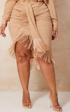 Discount PrettyLittleThing Plus Textured Linen Tassel Drape Midi Skirt Stone