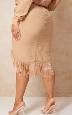 Discount PrettyLittleThing Plus Textured Linen Tassel Drape Midi Skirt Stone