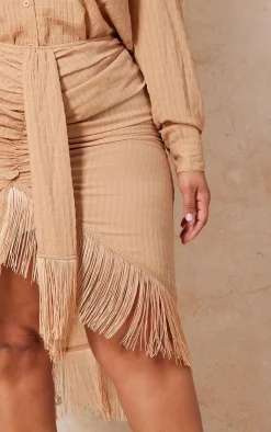 Discount PrettyLittleThing Plus Textured Linen Tassel Drape Midi Skirt Stone