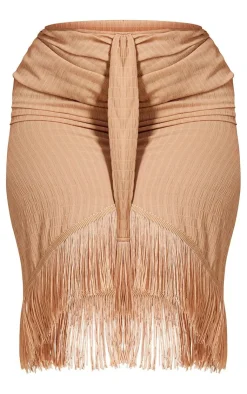 Discount PrettyLittleThing Plus Textured Linen Tassel Drape Midi Skirt Stone