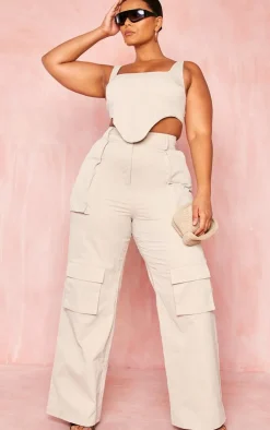 Discount PrettyLittleThing Plus Twill Pocket Detail High Waist Cargo Pants Stone