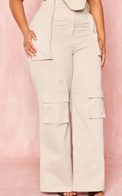 Discount PrettyLittleThing Plus Twill Pocket Detail High Waist Cargo Pants Stone