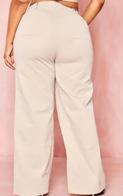 Discount PrettyLittleThing Plus Twill Pocket Detail High Waist Cargo Pants Stone
