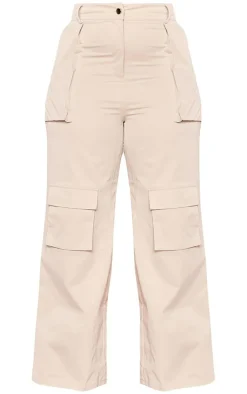 Discount PrettyLittleThing Plus Twill Pocket Detail High Waist Cargo Pants Stone