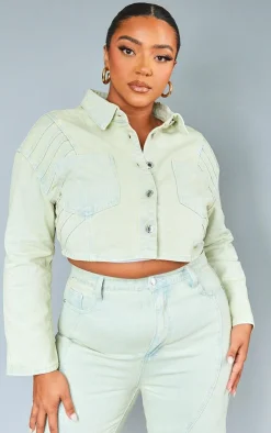 Best PrettyLittleThing Plus Vintage Wash Seam Detail Crop Denim Jacket Stone
