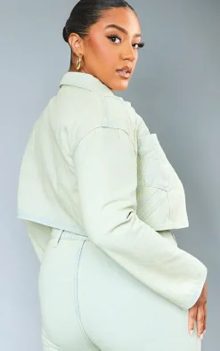 Best PrettyLittleThing Plus Vintage Wash Seam Detail Crop Denim Jacket Stone