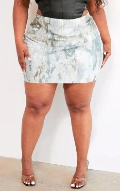 Plus Washed Camo Printed Plisse Micro Mini Skirt-PrettyLittleThing New