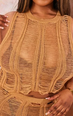 Discount PrettyLittleThing Plus Distressed Knit Crew Neck Top Tan