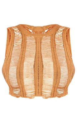 Discount PrettyLittleThing Plus Distressed Knit Crew Neck Top Tan