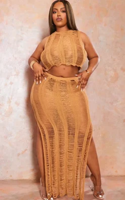 Clearance PrettyLittleThing Plus Distressed Knitted Midaxi Skirt Tan