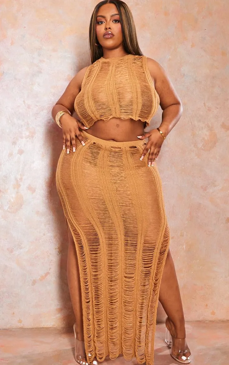 Clearance PrettyLittleThing Plus Distressed Knitted Midaxi Skirt Tan
