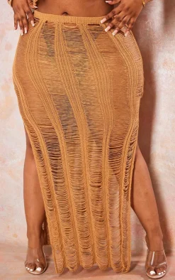 Clearance PrettyLittleThing Plus Distressed Knitted Midaxi Skirt Tan