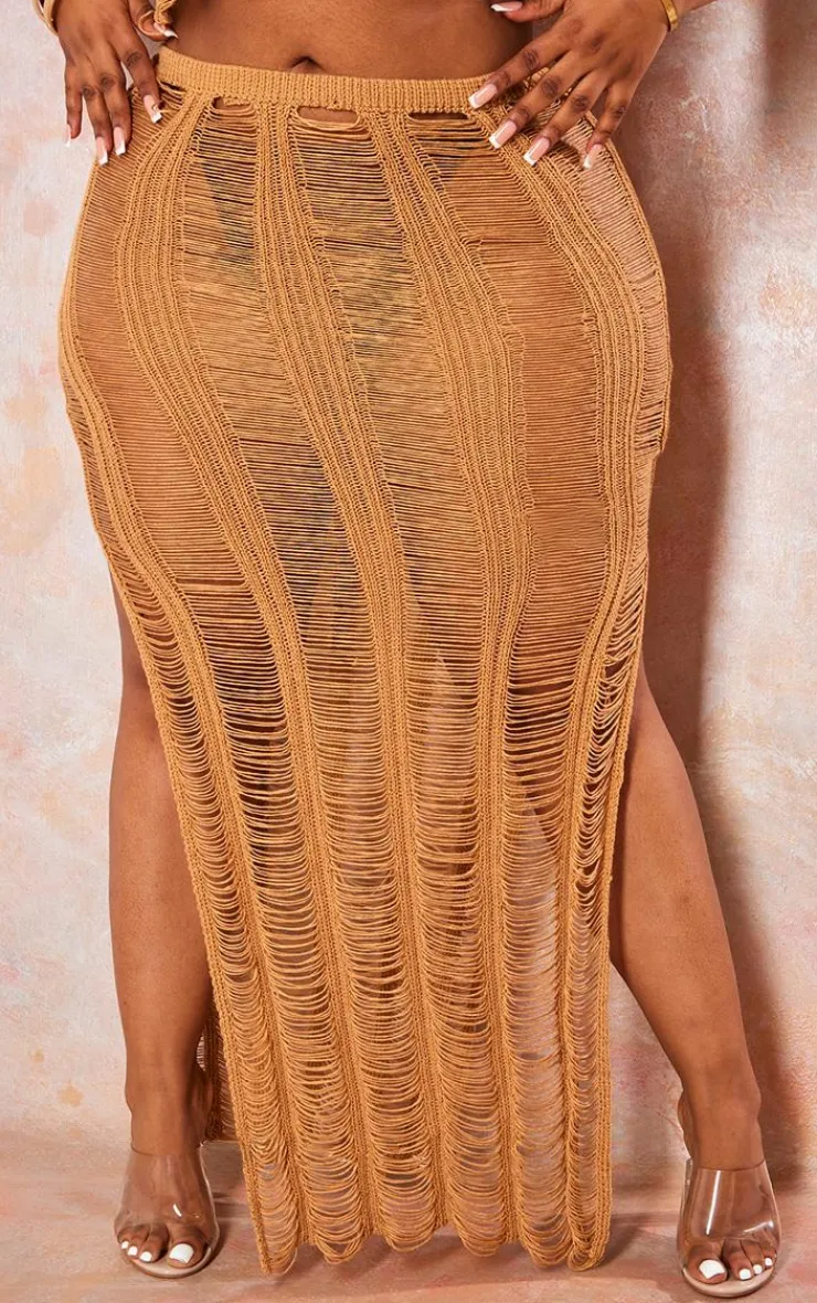 Clearance PrettyLittleThing Plus Distressed Knitted Midaxi Skirt Tan
