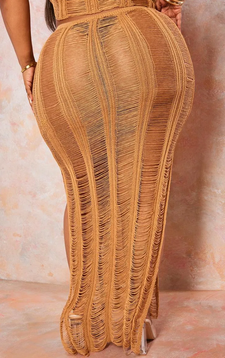 Clearance PrettyLittleThing Plus Distressed Knitted Midaxi Skirt Tan