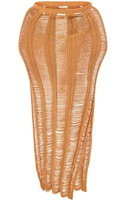 Clearance PrettyLittleThing Plus Distressed Knitted Midaxi Skirt Tan