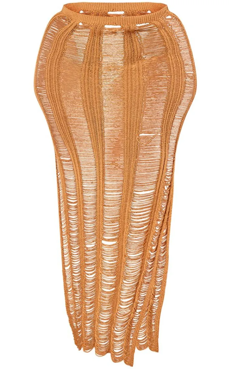 Clearance PrettyLittleThing Plus Distressed Knitted Midaxi Skirt Tan