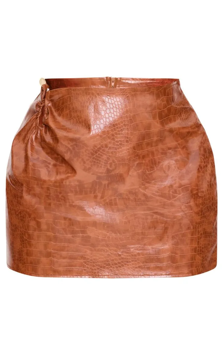 Clearance PrettyLittleThing Plus Faux Leather Lace Up Mini Skirt Tan