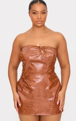 Sale PrettyLittleThing Plus Faux Leather Trim Detail Corset Tan