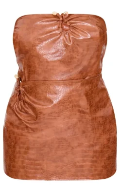 Sale PrettyLittleThing Plus Faux Leather Trim Detail Corset Tan
