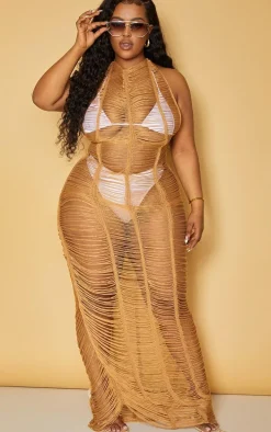 Plus Tan Tassel Knit Beach Dress