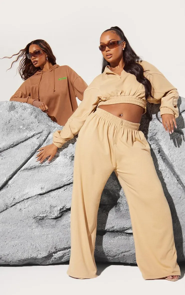 Sale PrettyLittleThing Plus Binding Detail Zip Up Crop Sweatshirt Taupe